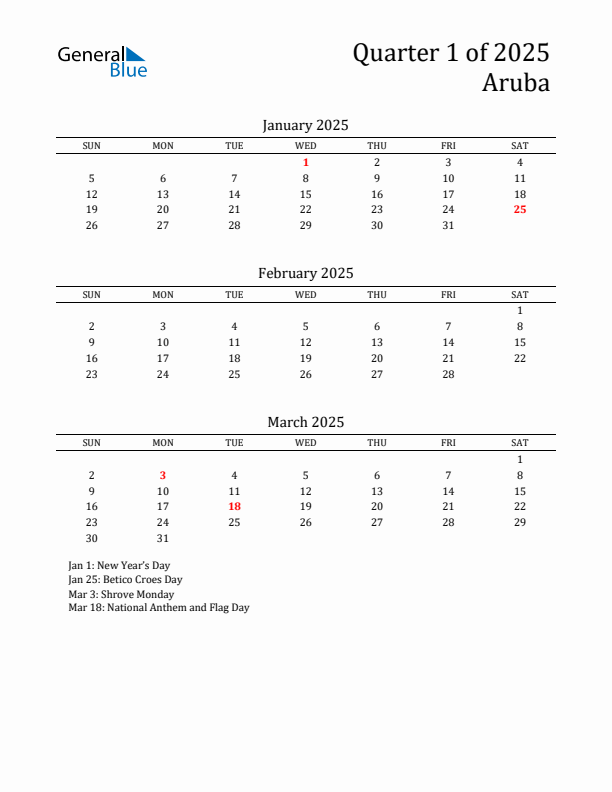 Quarter 1 2025 Aruba Quarterly Calendar