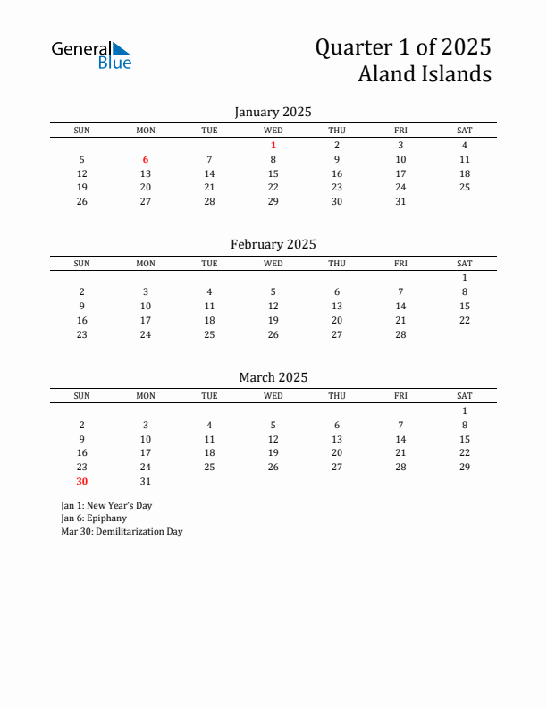 Quarter 1 2025 Aland Islands Quarterly Calendar