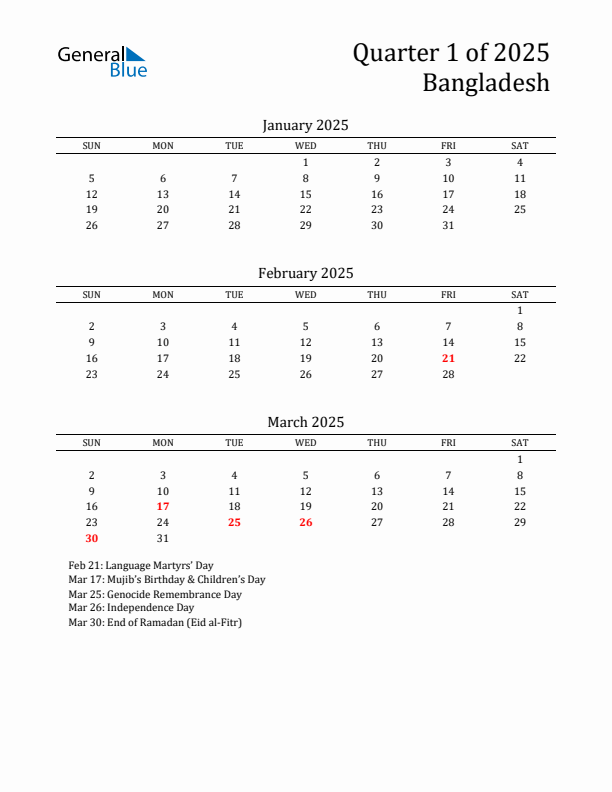 Quarter 1 2025 Bangladesh Quarterly Calendar