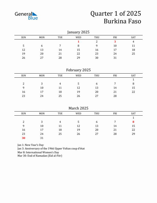 Quarter 1 2025 Burkina Faso Quarterly Calendar