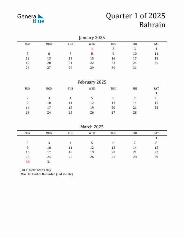 Quarter 1 2025 Bahrain Quarterly Calendar