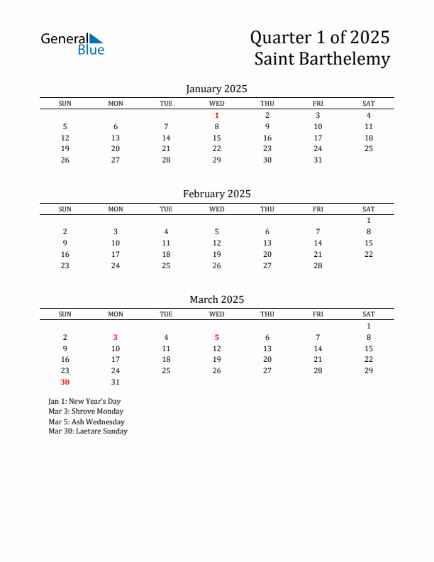 Quarter 1 2025 Saint Barthelemy Quarterly Calendar