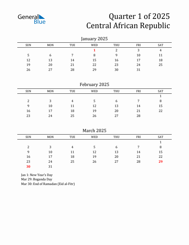 Quarter 1 2025 Central African Republic Quarterly Calendar