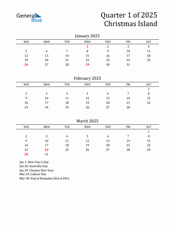 Quarter 1 2025 Christmas Island Quarterly Calendar