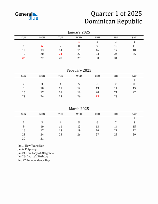 Quarter 1 2025 Dominican Republic Quarterly Calendar