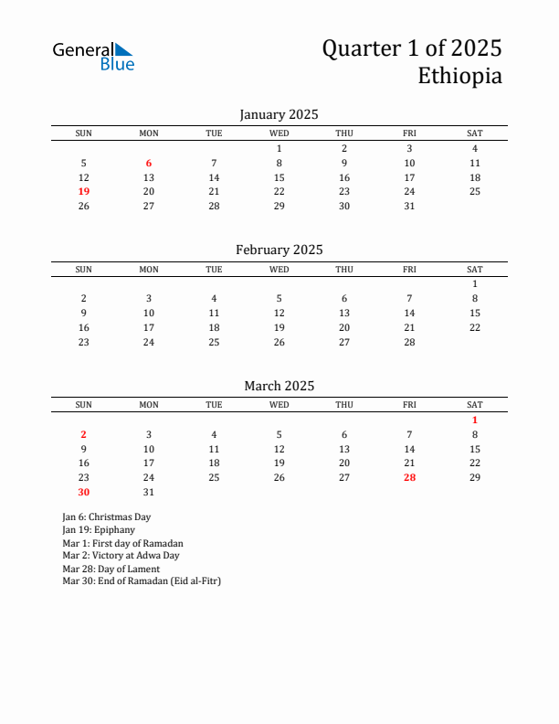 Quarter 1 2025 Ethiopia Quarterly Calendar