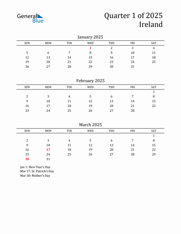 Quarter 1 2025 Ireland Quarterly Calendar