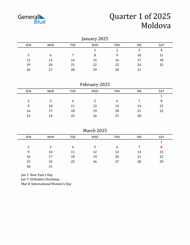 Quarter 1 2025 Moldova Quarterly Calendar