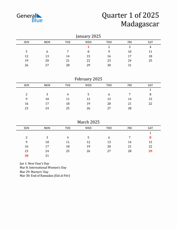 Quarter 1 2025 Madagascar Quarterly Calendar