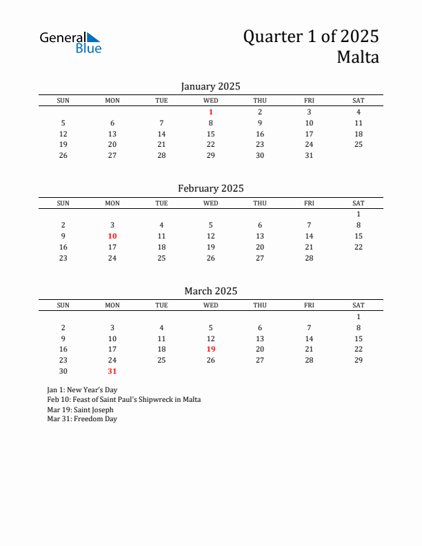 Quarter 1 2025 Malta Quarterly Calendar