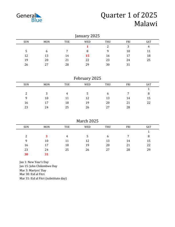 Quarter 1 2025 Malawi Quarterly Calendar