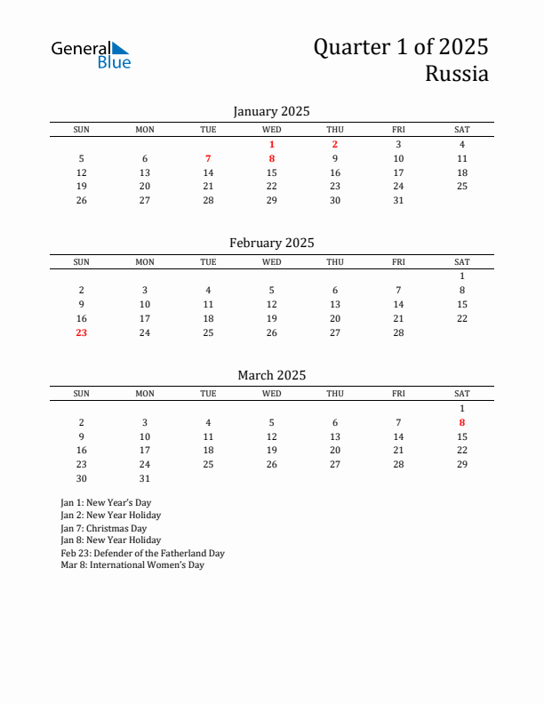 Quarter 1 2025 Russia Quarterly Calendar