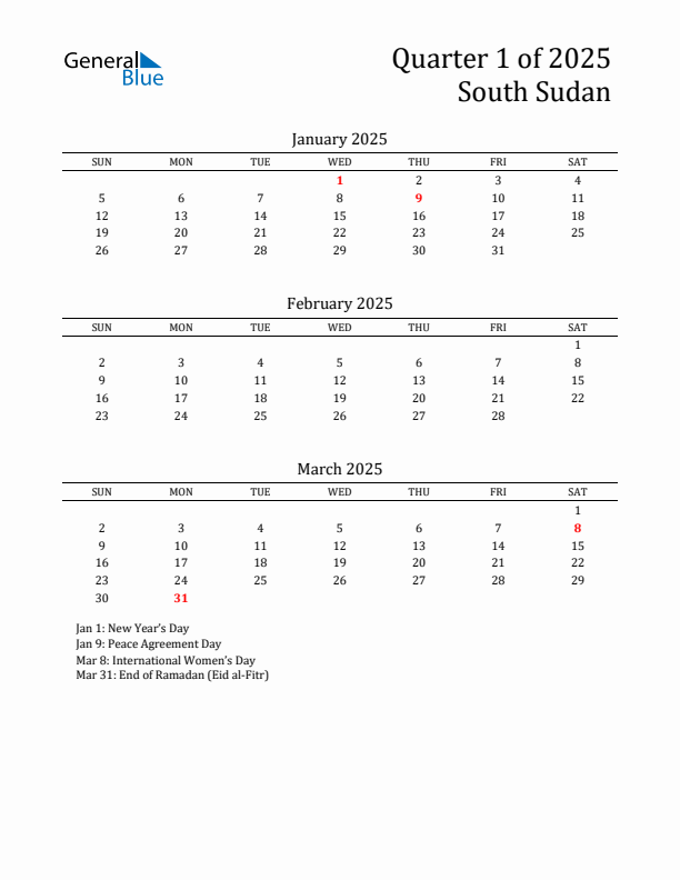 Quarter 1 2025 South Sudan Quarterly Calendar