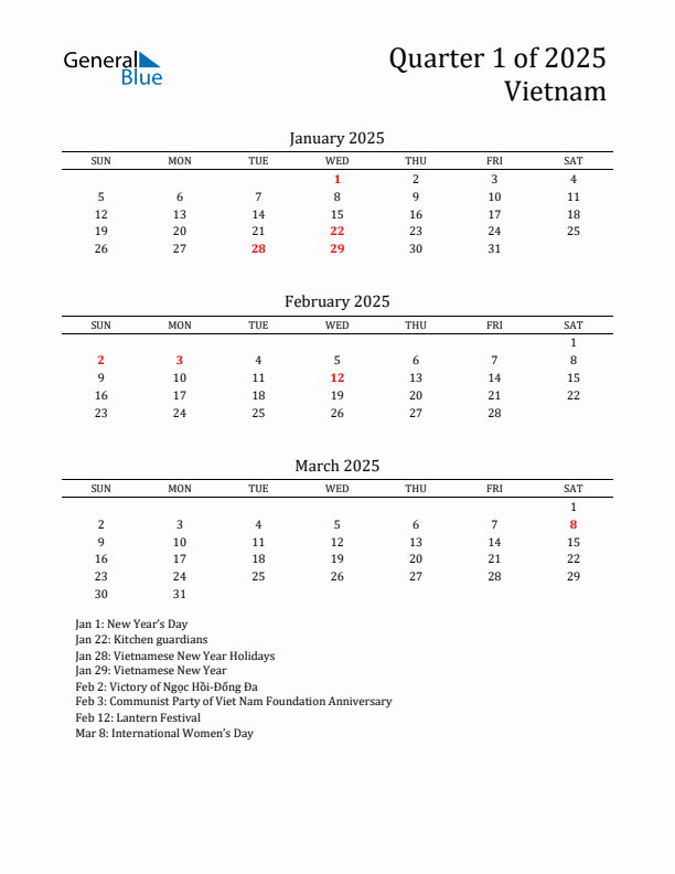 Quarter 1 2025 Vietnam Quarterly Calendar