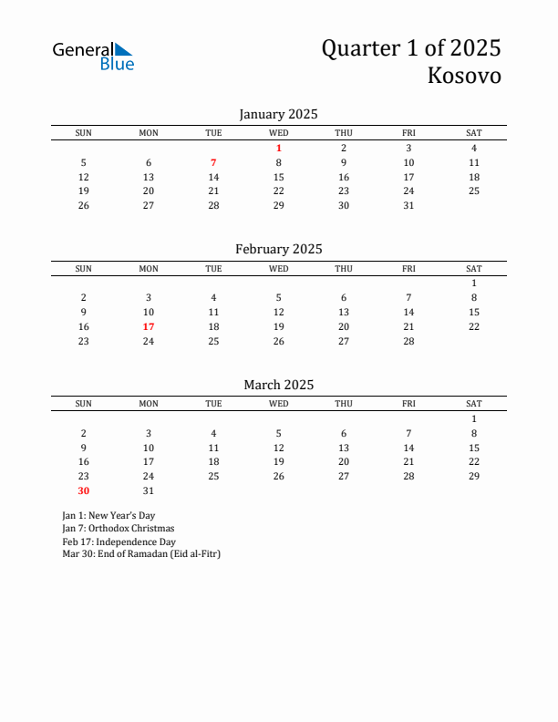 Quarter 1 2025 Kosovo Quarterly Calendar