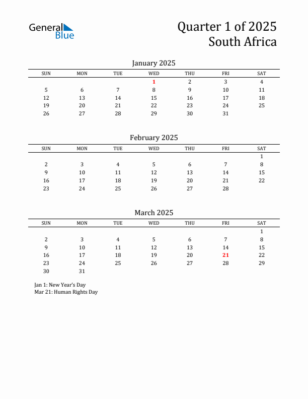 Quarter 1 2025 South Africa Quarterly Calendar