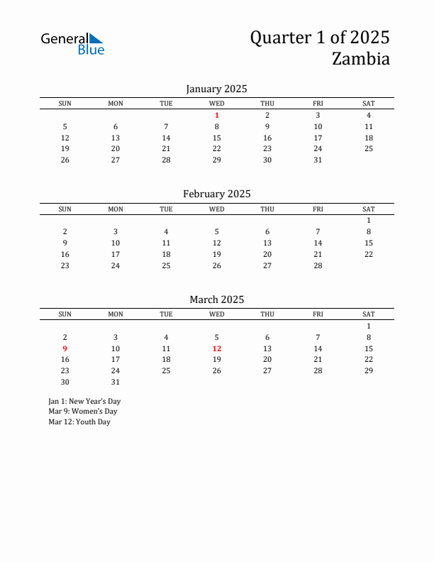 Quarter 1 2025 Zambia Quarterly Calendar