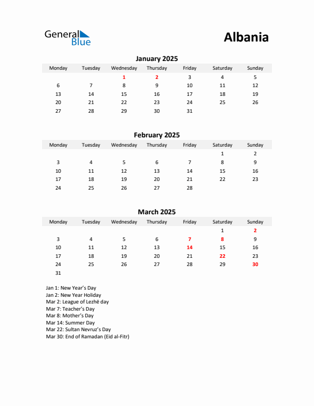 Printable Quarterly Calendar with Notes and Albania Holidays- Q1 of 2025