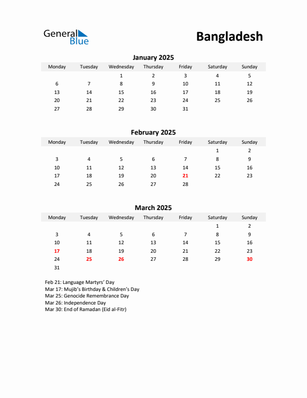 Printable Quarterly Calendar with Notes and Bangladesh Holidays- Q1 of 2025