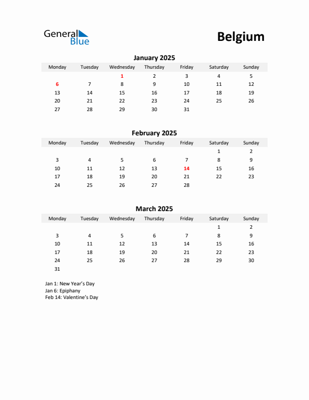 Printable Quarterly Calendar with Notes and Belgium Holidays- Q1 of 2025