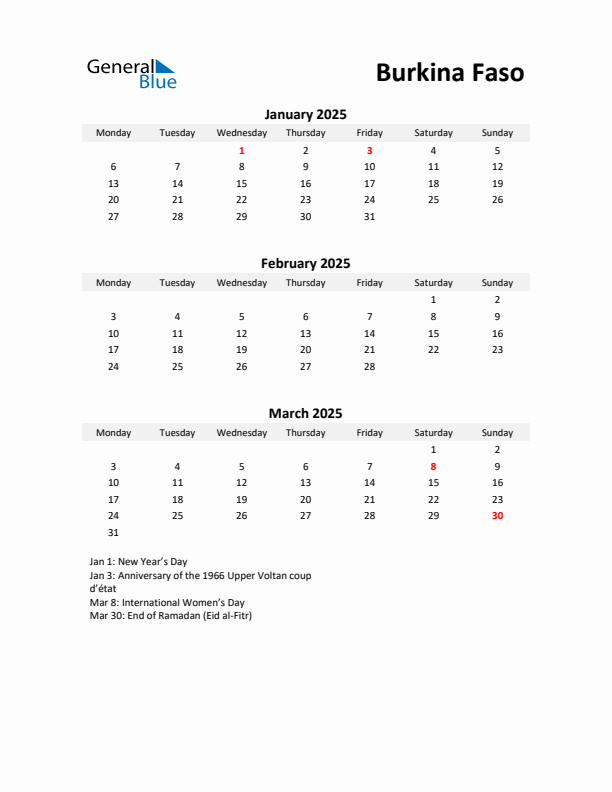 Printable Quarterly Calendar with Notes and Burkina Faso Holidays- Q1 of 2025