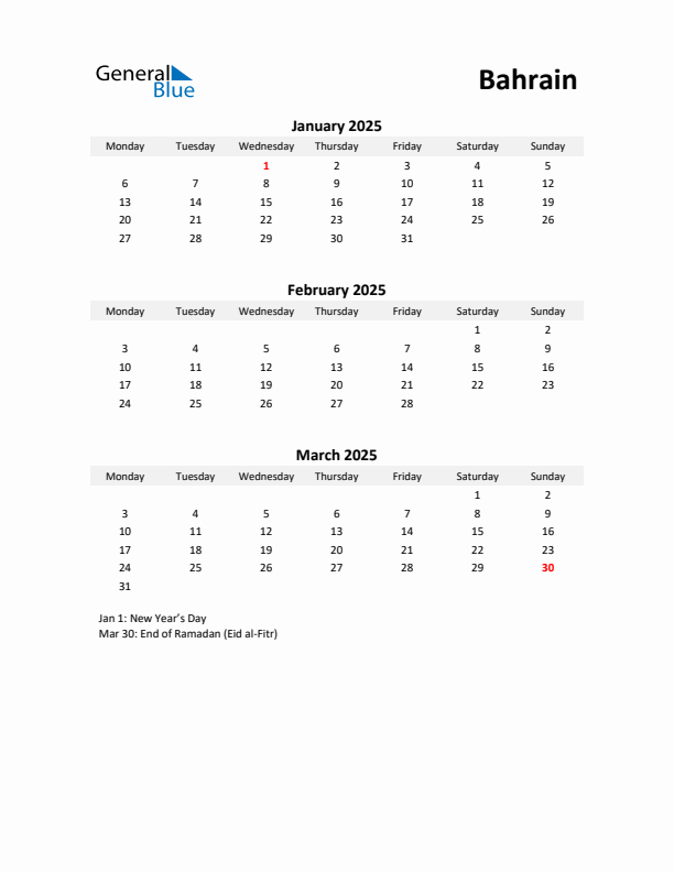 Printable Quarterly Calendar with Notes and Bahrain Holidays- Q1 of 2025