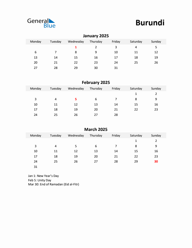 Printable Quarterly Calendar with Notes and Burundi Holidays- Q1 of 2025