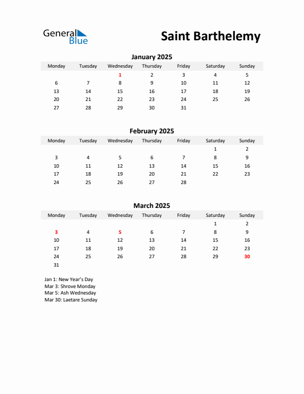 Printable Quarterly Calendar with Notes and Saint Barthelemy Holidays- Q1 of 2025