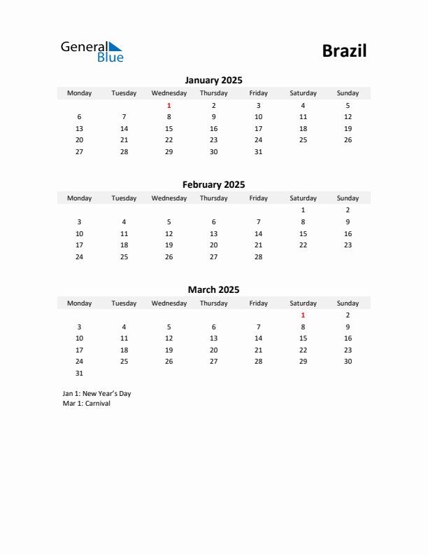 Printable Quarterly Calendar with Notes and Brazil Holidays- Q1 of 2025