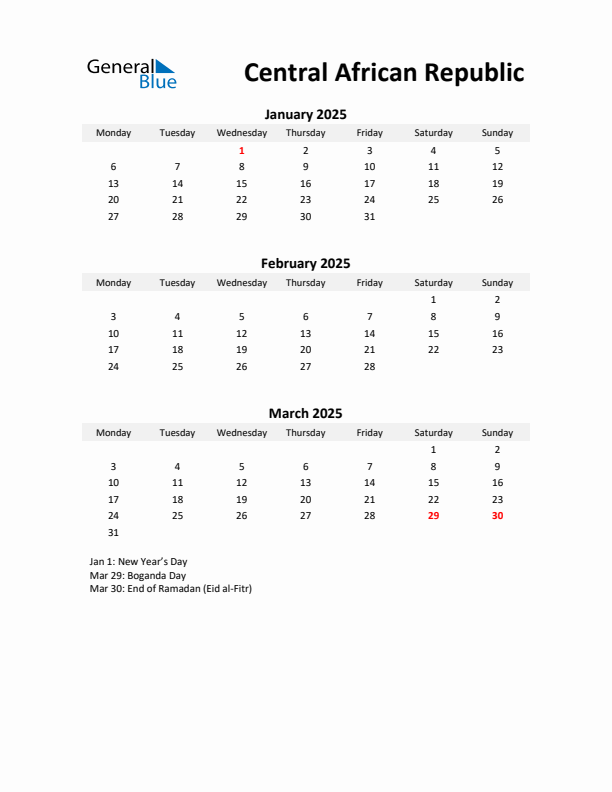 Printable Quarterly Calendar with Notes and Central African Republic Holidays- Q1 of 2025