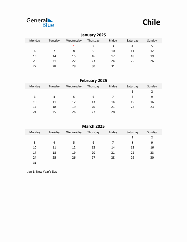 Printable Quarterly Calendar with Notes and Chile Holidays- Q1 of 2025