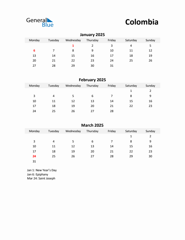 Printable Quarterly Calendar with Notes and Colombia Holidays- Q1 of 2025