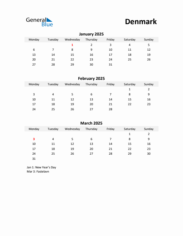 Printable Quarterly Calendar with Notes and Denmark Holidays- Q1 of 2025