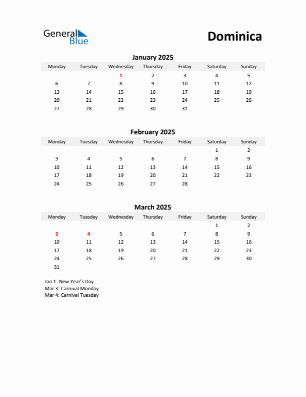 Printable Quarterly Calendar with Notes and Dominica Holidays- Q1 of 2025