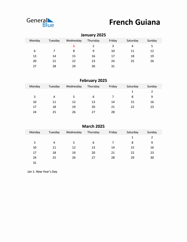 Printable Quarterly Calendar with Notes and French Guiana Holidays- Q1 of 2025