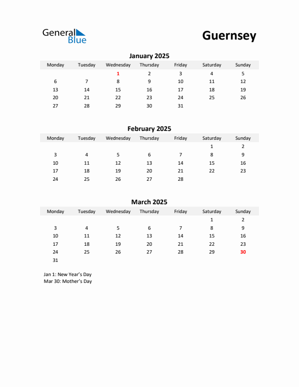 Printable Quarterly Calendar with Notes and Guernsey Holidays- Q1 of 2025