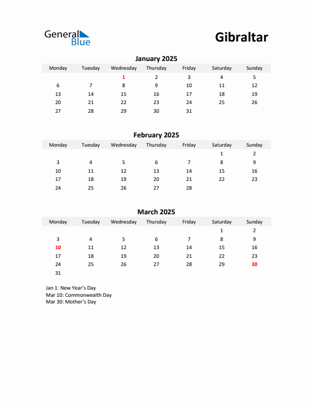 Printable Quarterly Calendar with Notes and Gibraltar Holidays- Q1 of 2025