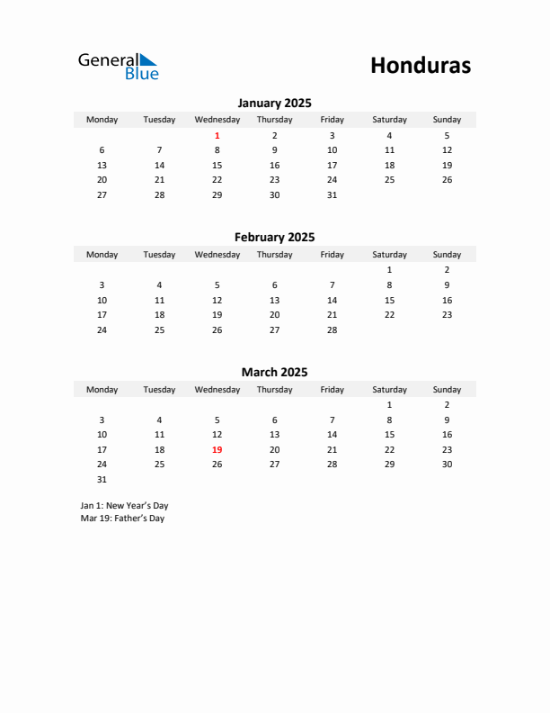 Printable Quarterly Calendar with Notes and Honduras Holidays- Q1 of 2025