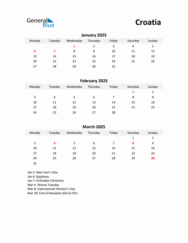 Printable Quarterly Calendar with Notes and Croatia Holidays- Q1 of 2025