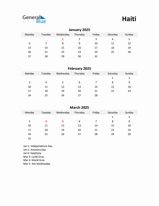 Printable Quarterly Calendar with Notes and Haiti Holidays- Q1 of 2025