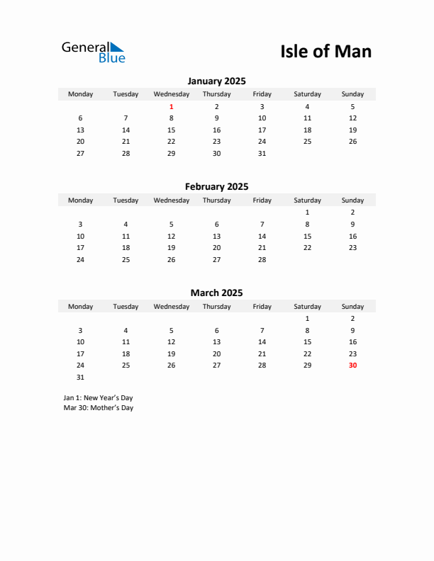 Printable Quarterly Calendar with Notes and Isle of Man Holidays- Q1 of 2025