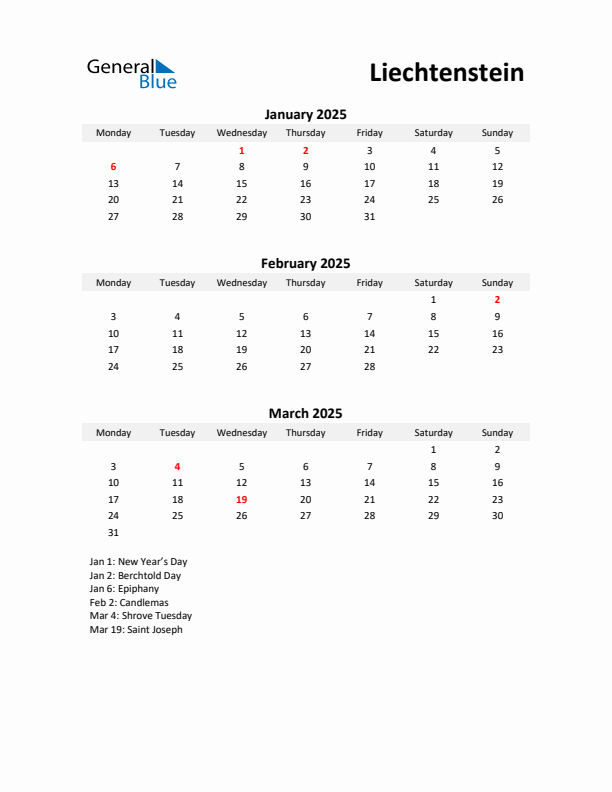 Printable Quarterly Calendar with Notes and Liechtenstein Holidays- Q1 of 2025