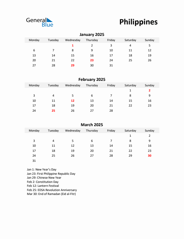 Printable Quarterly Calendar with Notes and Philippines Holidays- Q1 of 2025