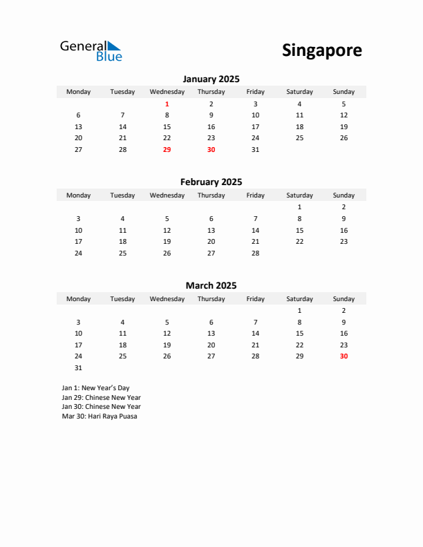 Printable Quarterly Calendar with Notes and Singapore Holidays- Q1 of 2025