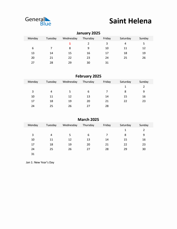 Printable Quarterly Calendar with Notes and Saint Helena Holidays- Q1 of 2025