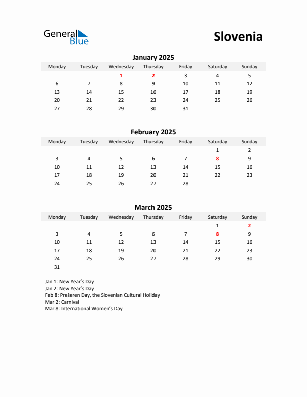 Printable Quarterly Calendar with Notes and Slovenia Holidays- Q1 of 2025