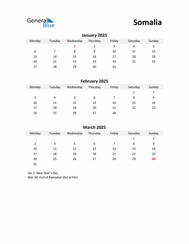 Printable Quarterly Calendar with Notes and Somalia Holidays- Q1 of 2025