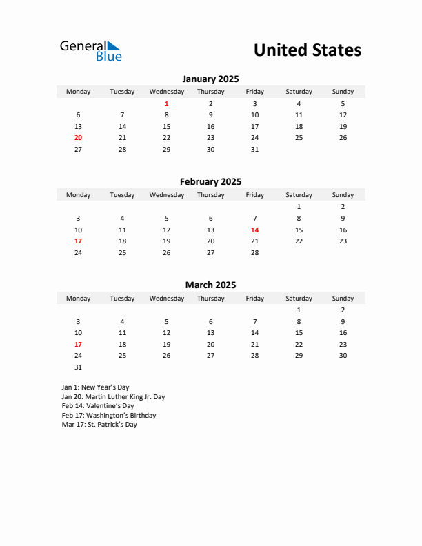 Printable Quarterly Calendar with Notes and United States Holidays- Q1 of 2025