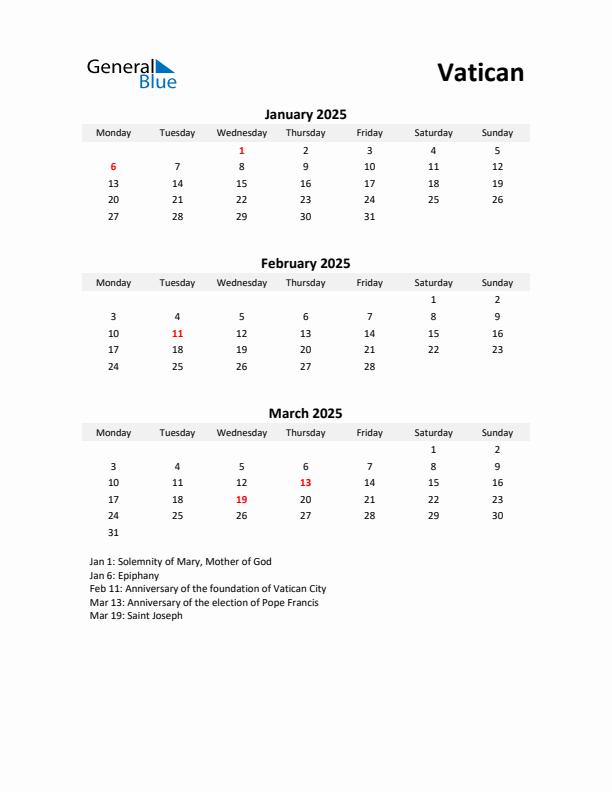 Printable Quarterly Calendar with Notes and Vatican Holidays- Q1 of 2025