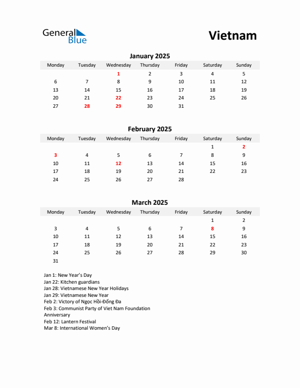 Printable Quarterly Calendar with Notes and Vietnam Holidays- Q1 of 2025